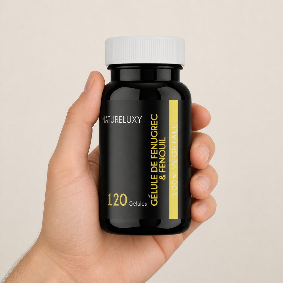 240 gélules de Fenugrec & Fenouil Natureluxy – taille et contenance réelles du produit en main
