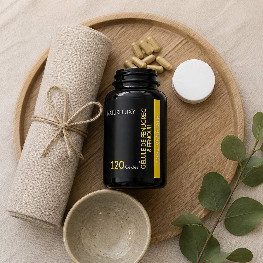 240 gélules de Fenugrec & Fenouil Natureluxy – rituel d'utilisation vu du dessus, ambiance naturelle zen