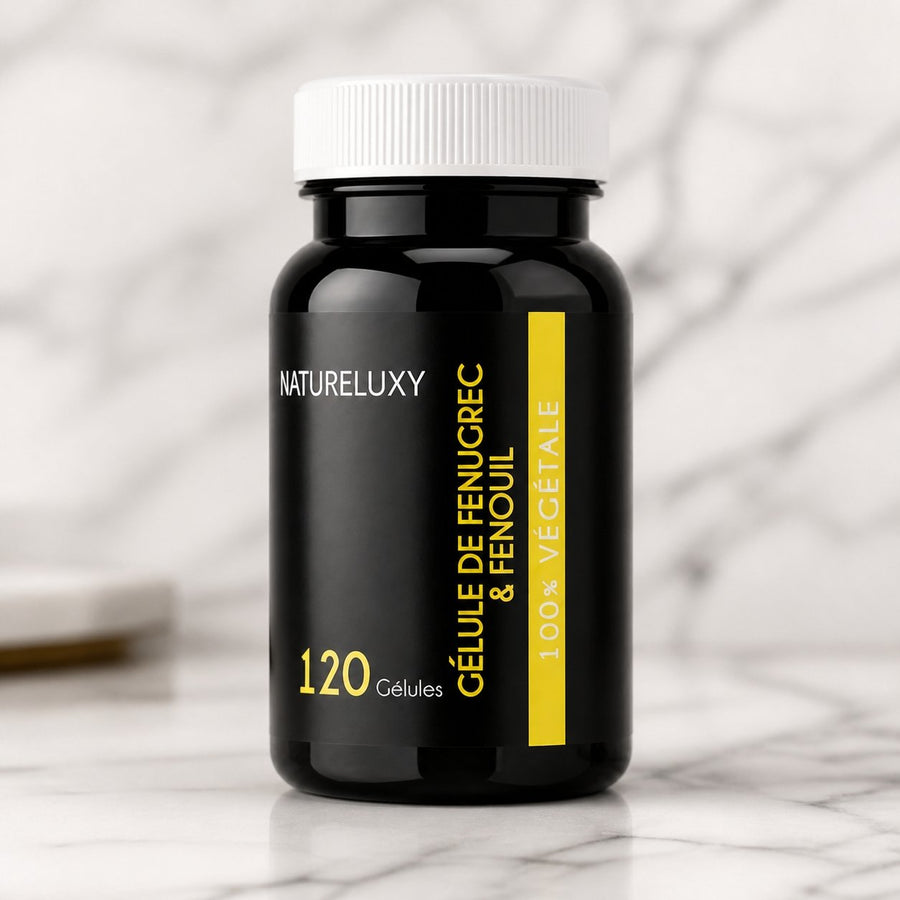 240 gélules de Fenugrec & Fenouil Natureluxy – gros plan sur les détails et la finition du packaging