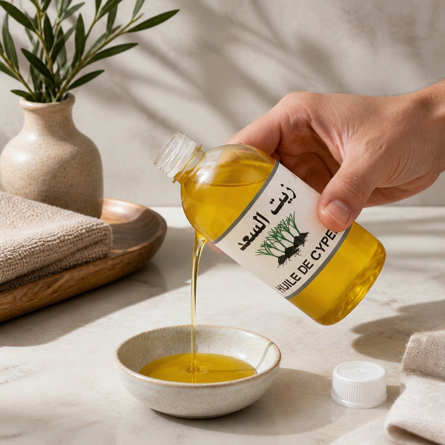 2X 1L Huile de Souchet 100% naturelle – application en situation réelle, geste de soin quotidien