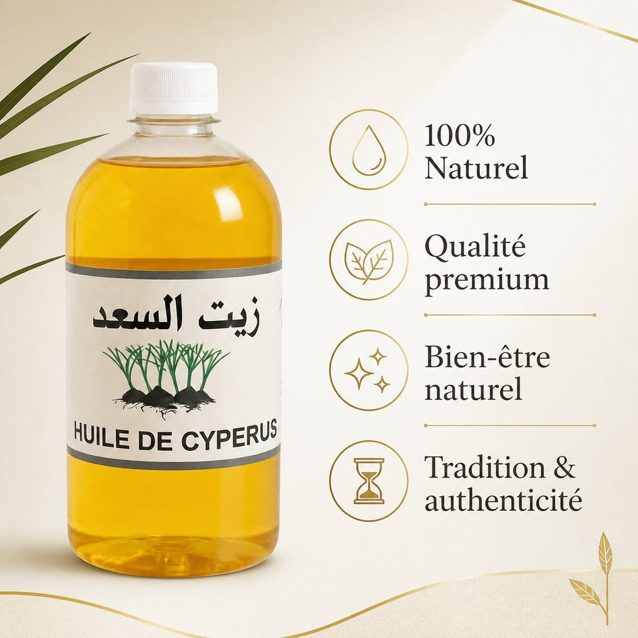 2X 1L Huile de Souchet 100% naturelle – infographie des bienfaits et des ingrédients clés