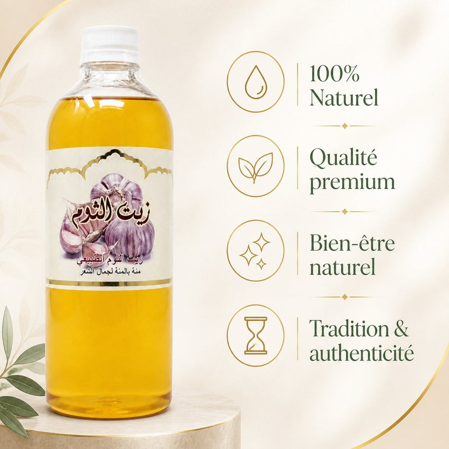 2X1L Huile d'Ail Cosmétique – infographie des bienfaits et des ingrédients clés