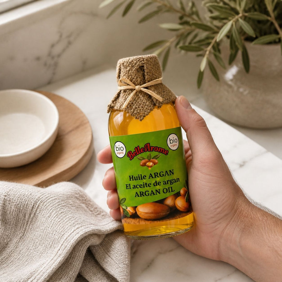 2X1L Huile d'Argan 100% naturelle et bio – application en situation réelle, geste de soin quotidien