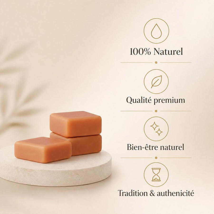 Lot de 3 carrés de musc orange – parfum solide – infographie des bienfaits et des ingrédients clés