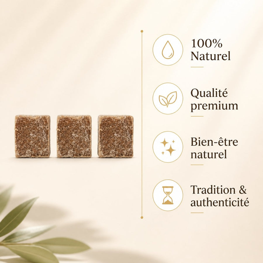 Lot de 3 carrés de musc ambré – parfum solide – infographie des bienfaits et des ingrédients clés