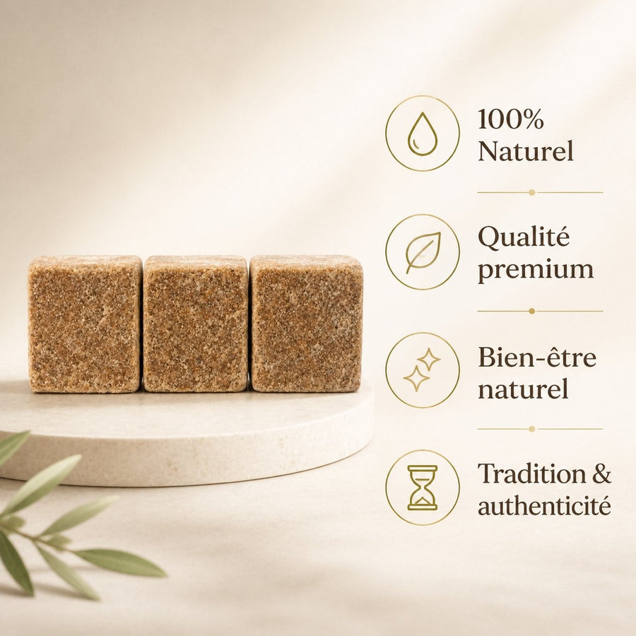 Lot de 3 carrés de musc ambré – parfum solide – infographie des bienfaits et des ingrédients clés