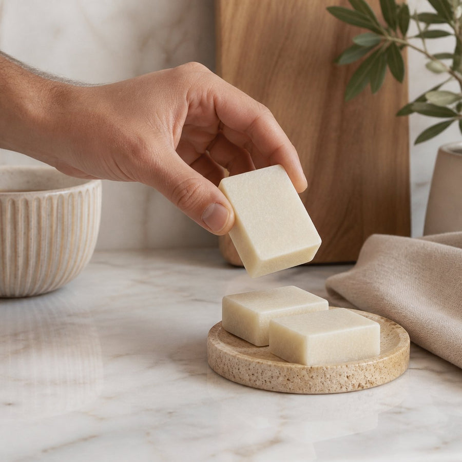 Lot de 3 carrés de musc blanc – parfum solide – application en situation réelle, geste de soin quotidien