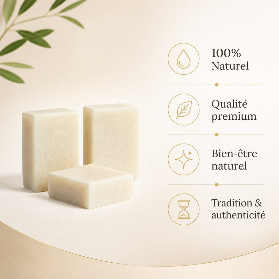 Lot de 3 carrés de musc blanc – parfum solide – infographie des bienfaits et des ingrédients clés