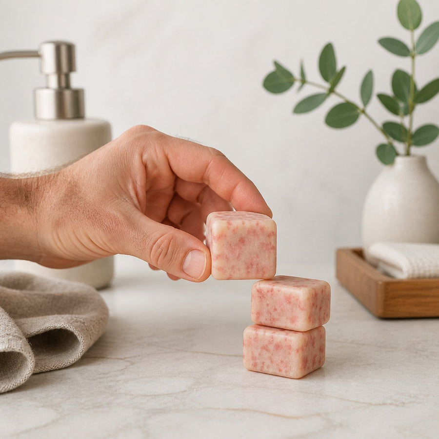 Lot de 3 carrés de musc cannelle – parfum solide – application en situation réelle, geste de soin quotidien