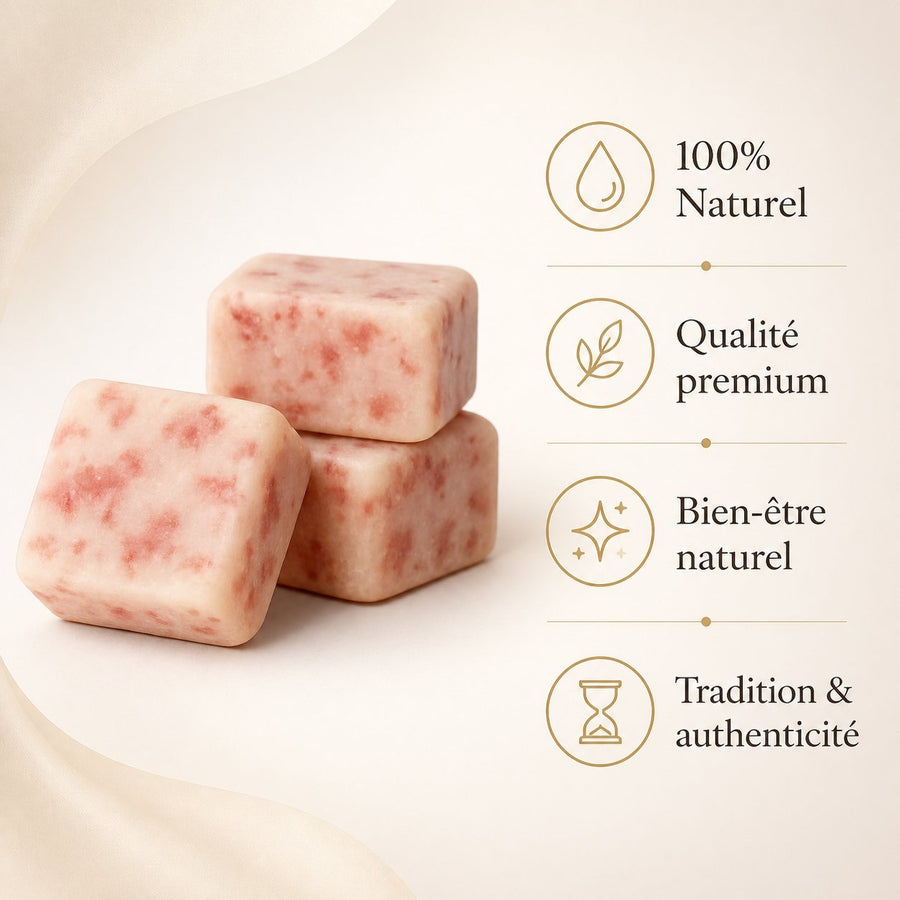 Lot de 3 carrés de musc cannelle – parfum solide – infographie des bienfaits et des ingrédients clés