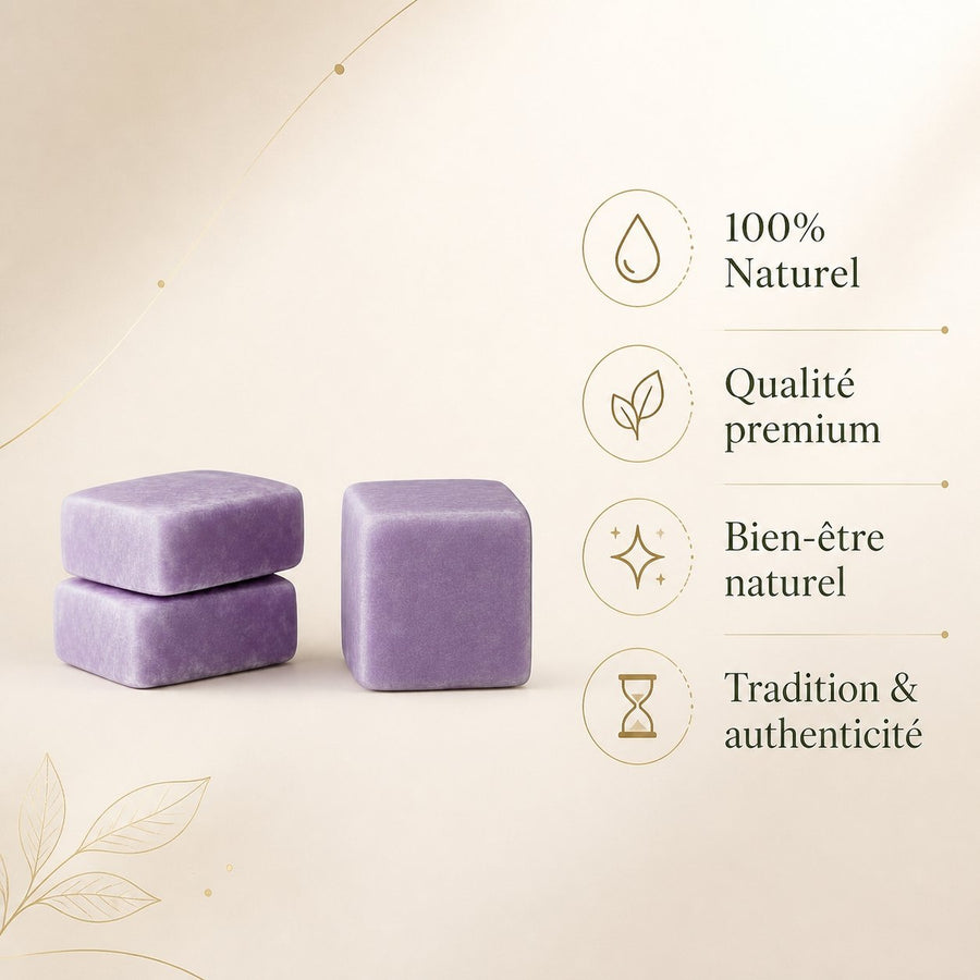 Lot de 3 carrés de musc lavande – parfum solide – infographie des bienfaits et des ingrédients clés