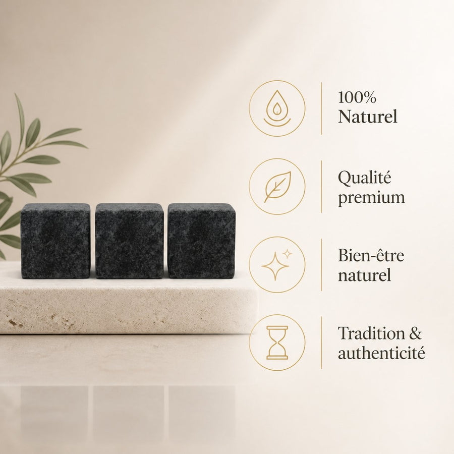 Lot de 3 carrés de musc noir – parfum solide – infographie des bienfaits et des ingrédients clés