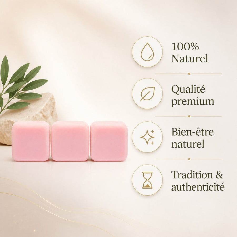 Lot de 3 carrés de musc rose – parfum solide – infographie des bienfaits et des ingrédients clés