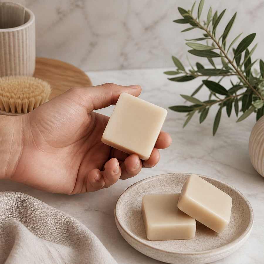 Lot de 3 carrés de musc vanille – parfum solide – application en situation réelle, geste de soin quotidien