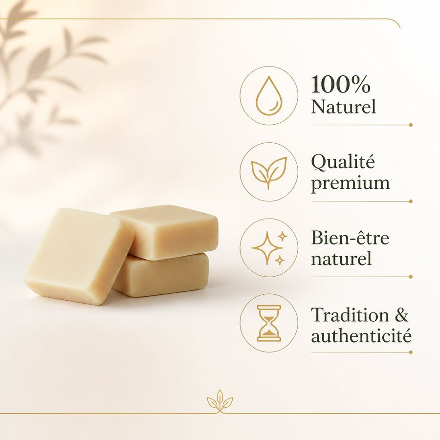 Lot de 3 carrés de musc vanille – parfum solide – infographie des bienfaits et des ingrédients clés
