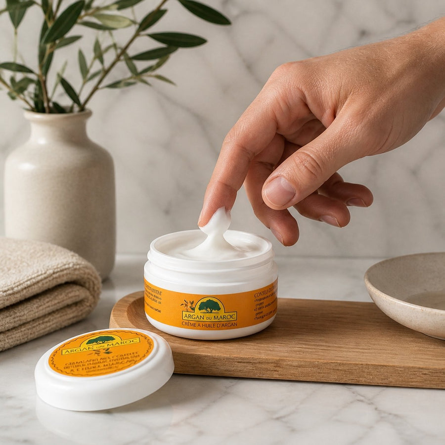 3 Crèmes Argan du Maroc Visage & Contour des Yeux Jour/Nuit 100 mL – application en situation réelle, geste de soin quotidien