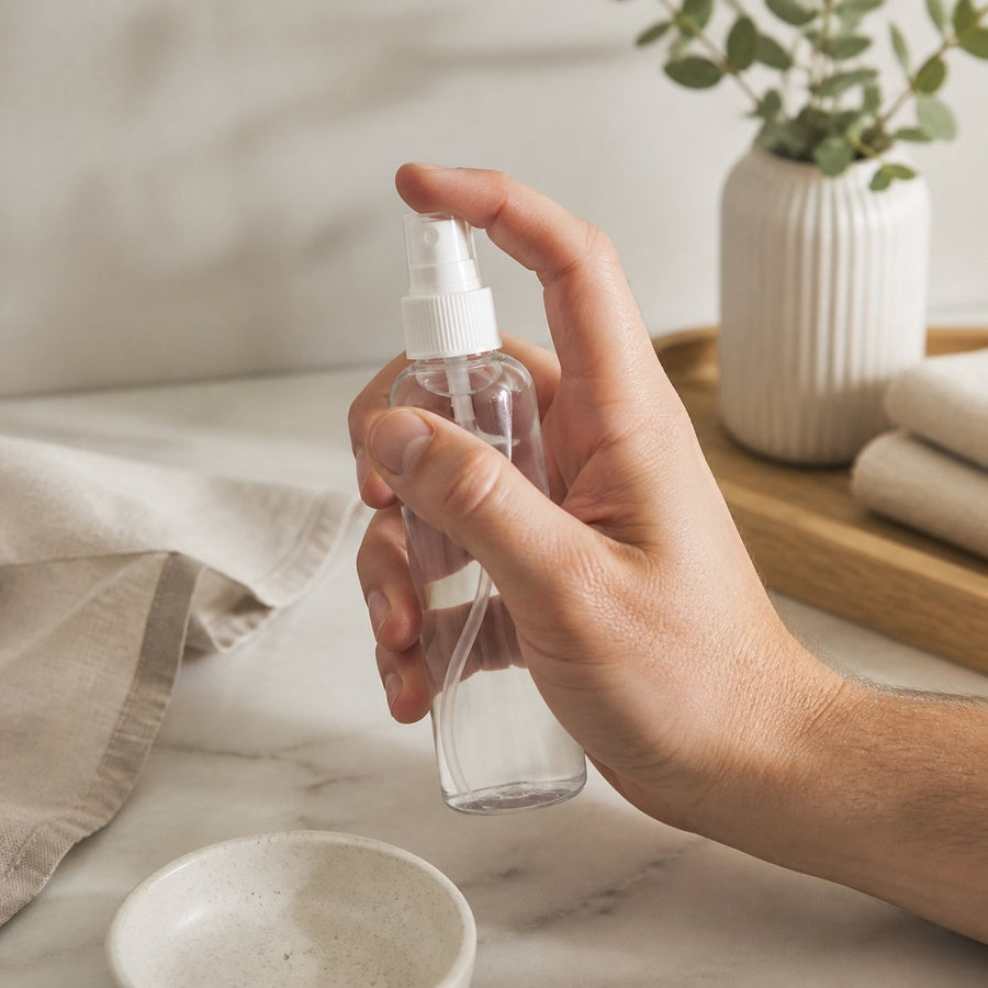 3 Flacons Vaporisateur 100ml Vide Sac Atomiseur de Poche Spray Plastique – application en situation réelle, geste de soin quotidien