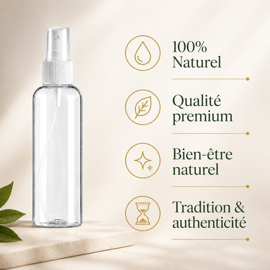 3 Flacons Vaporisateur 100ml Vide Sac Atomiseur de Poche Spray Plastique – infographie des bienfaits et des ingrédients clés