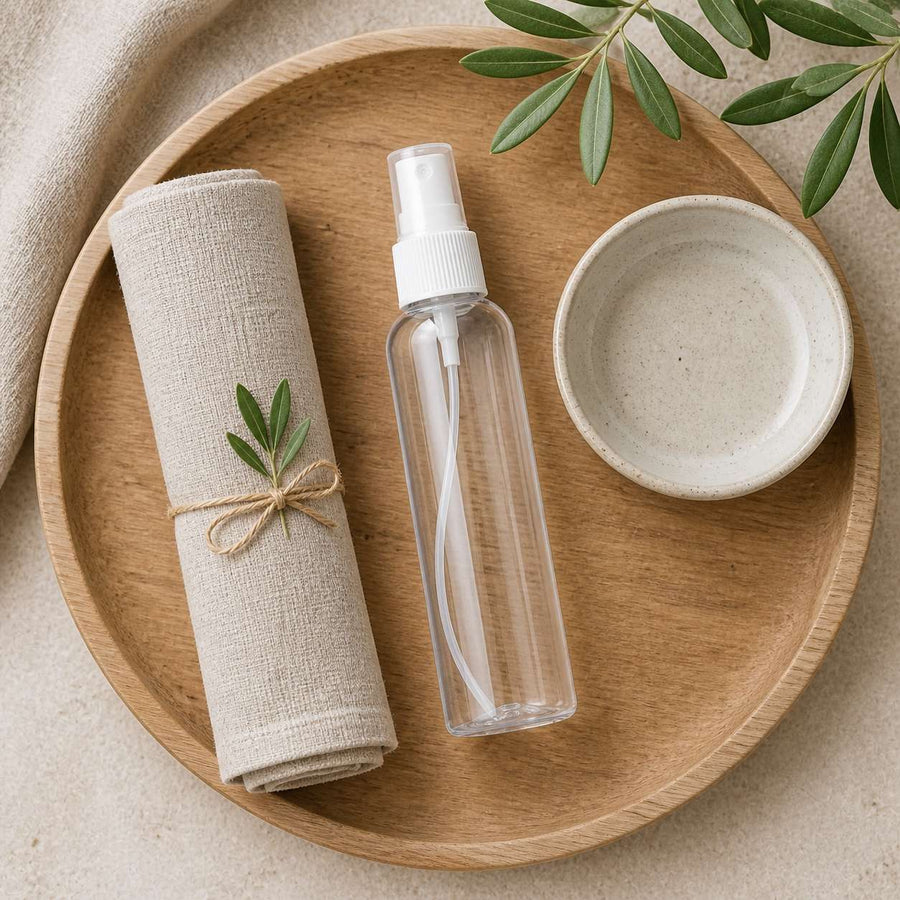 3 Flacons Vaporisateur 100ml Vide Sac Atomiseur de Poche Spray Plastique – rituel d'utilisation vu du dessus, ambiance naturelle zen