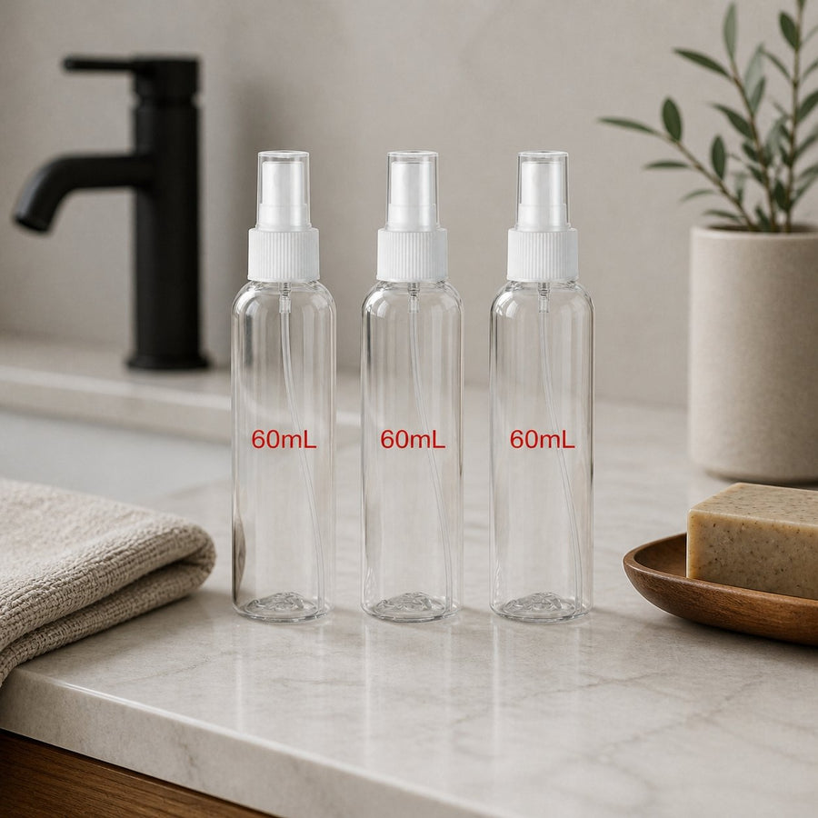 3 Flacons Vaporisateur 60ml Vide Sac Atomiseur de Poche Spray Plastique – présentation du produit dans une salle de bain lumineuse et naturelle