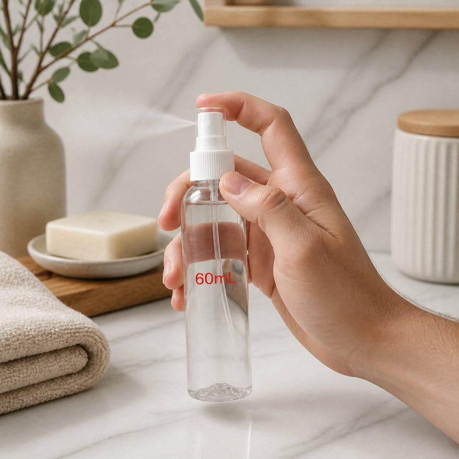 3 Flacons Vaporisateur 60ml Vide Sac Atomiseur de Poche Spray Plastique – application en situation réelle, geste de soin quotidien