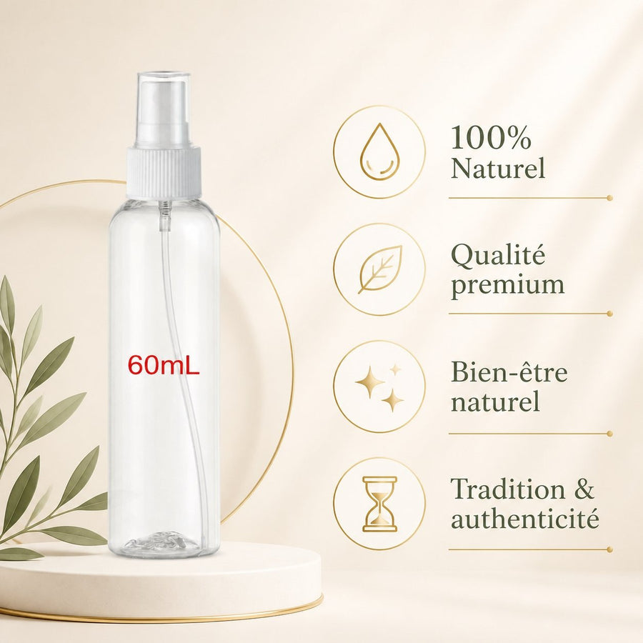 3 Flacons Vaporisateur 60ml Vide Sac Atomiseur de Poche Spray Plastique – infographie des bienfaits et des ingrédients clés