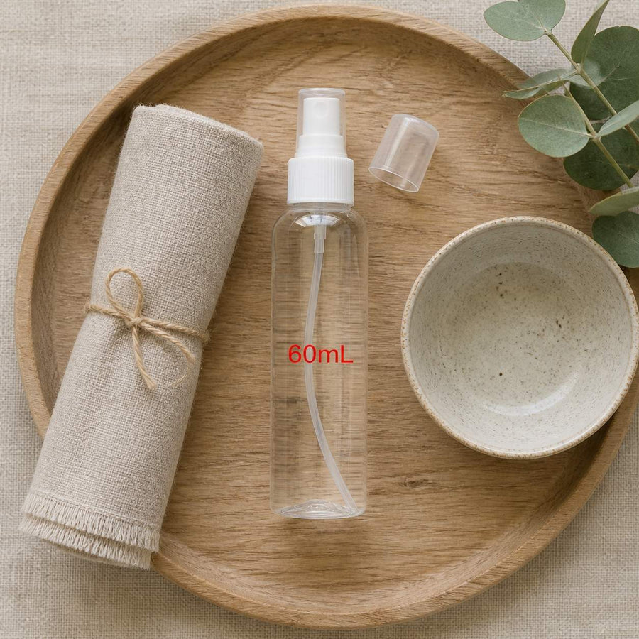 3 Flacons Vaporisateur 60ml Vide Sac Atomiseur de Poche Spray Plastique – rituel d'utilisation vu du dessus, ambiance naturelle zen