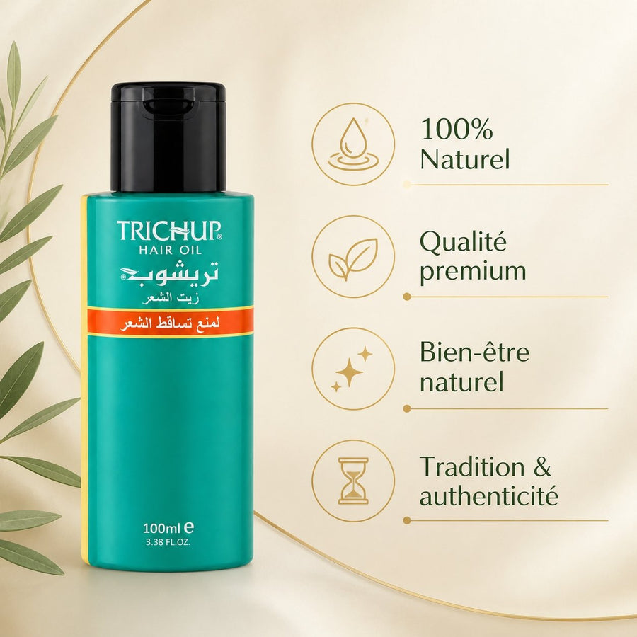 3 Huile Anti-Chute Soin Indien Trichup 50mL – infographie des bienfaits et des ingrédients clés