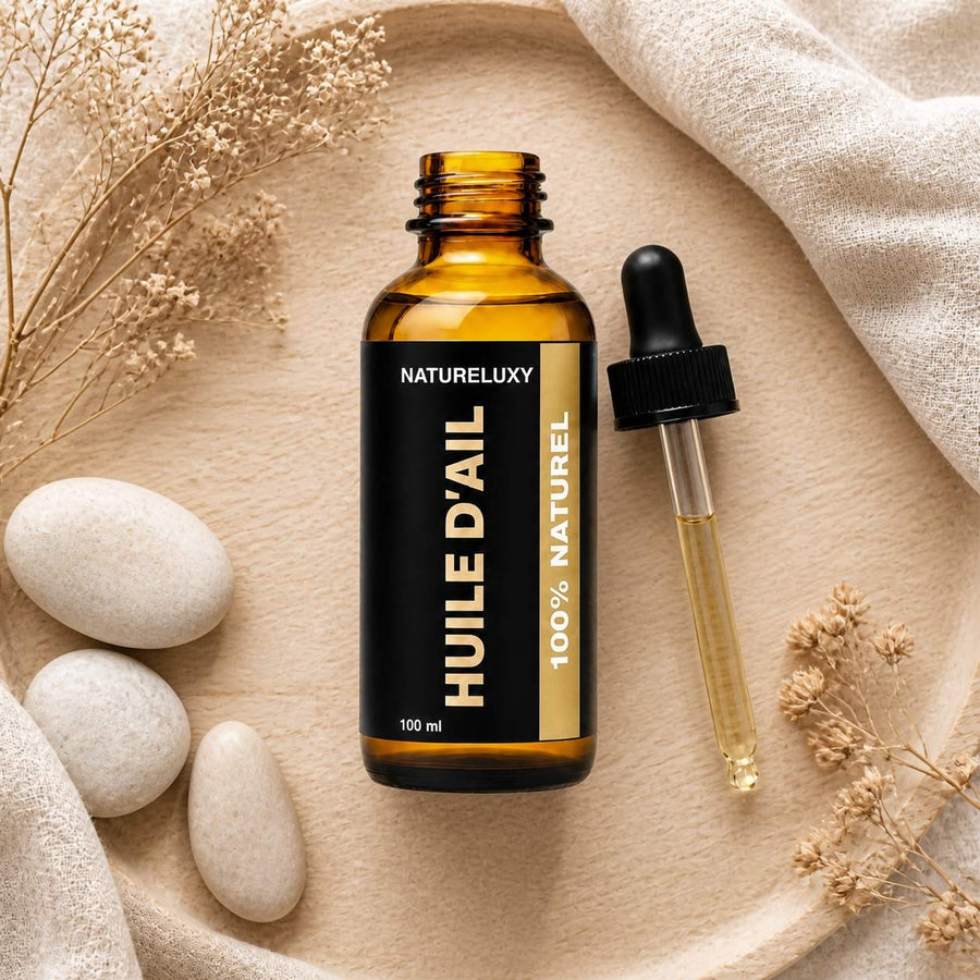 3 Huile d'Ail 100mL Pipette 100% Naturelle – composition flat lay avec éléments naturels, vue du dessus