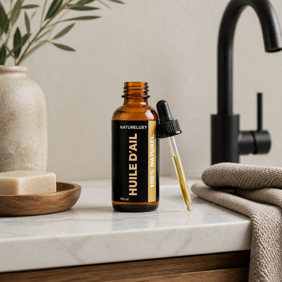 3 Huile d'Ail 100mL Pipette 100% Naturelle – présentation du produit dans une salle de bain lumineuse et naturelle