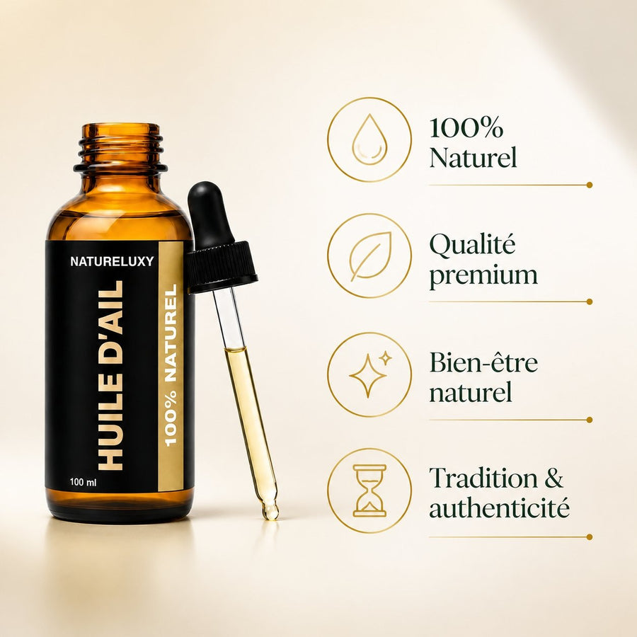 3 Huile d'Ail 100mL Pipette 100% Naturelle – infographie des bienfaits et des ingrédients clés