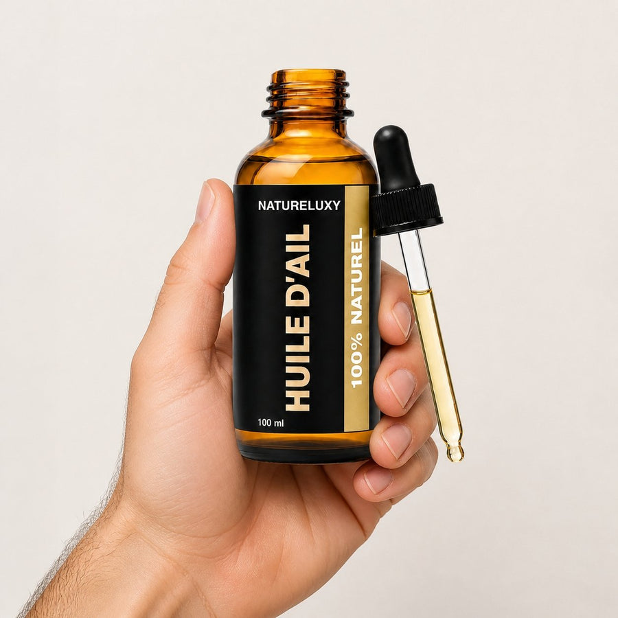 3 Huile d'Ail 100mL Pipette 100% Naturelle – taille et contenance réelles du produit en main