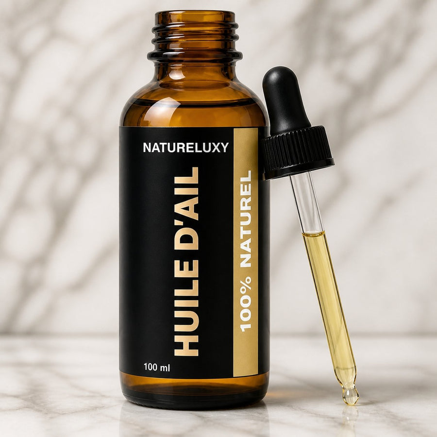 3 Huile d'Ail 100mL Pipette 100% Naturelle – gros plan sur les détails et la finition du packaging