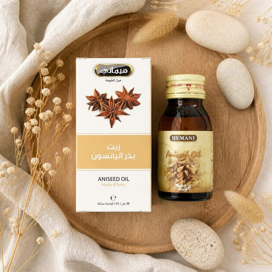 3 Huile d'Anis 30mL 100% Naturelle Hemani – composition flat lay avec éléments naturels, vue du dessus