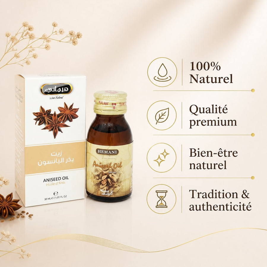 3 Huile d'Anis 30mL 100% Naturelle Hemani – infographie des bienfaits et des ingrédients clés