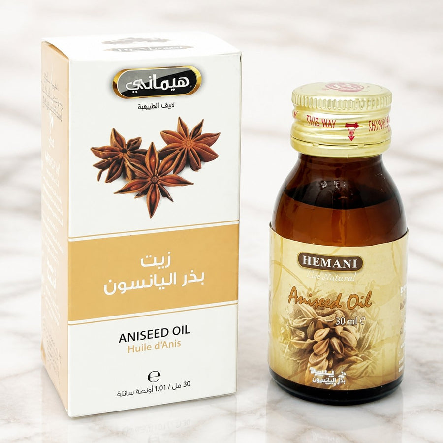 3 Huile d'Anis 30mL 100% Naturelle Hemani – gros plan sur les détails et la finition du packaging