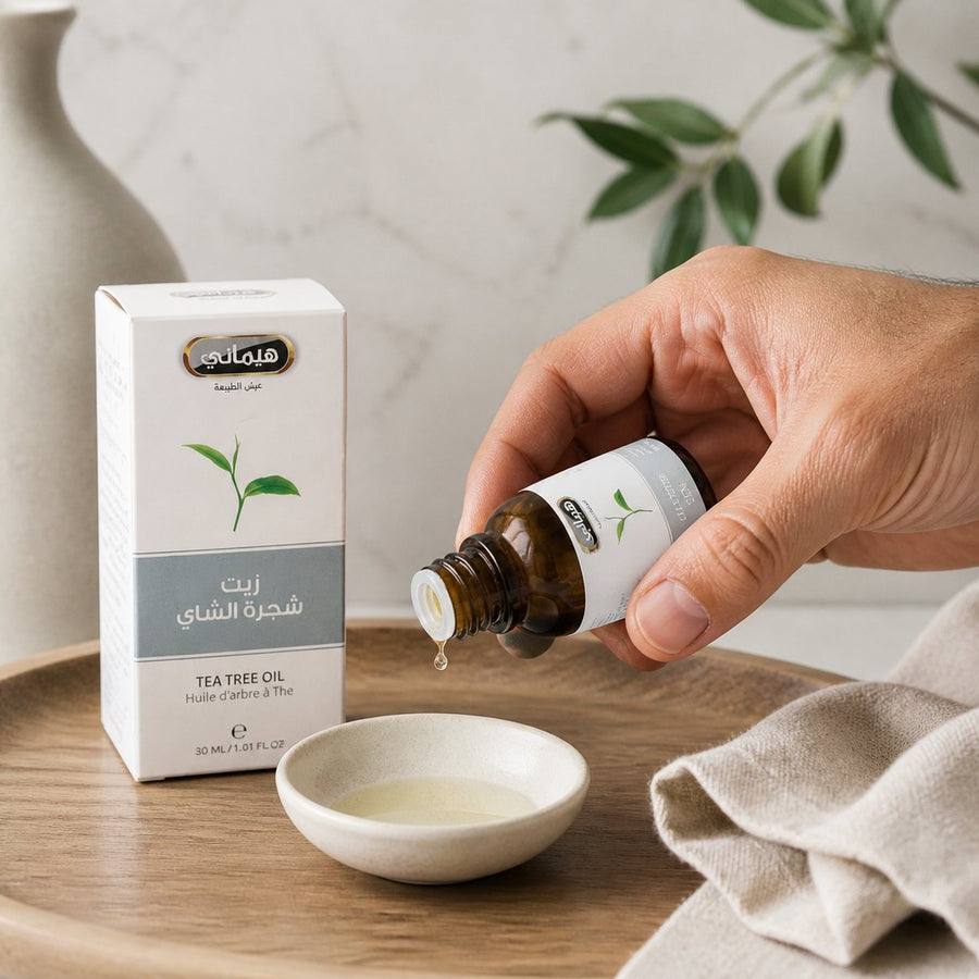 3 Huile d'Arbre à Thé 30mL 100% Naturelle Hemani – application en situation réelle, geste de soin quotidien