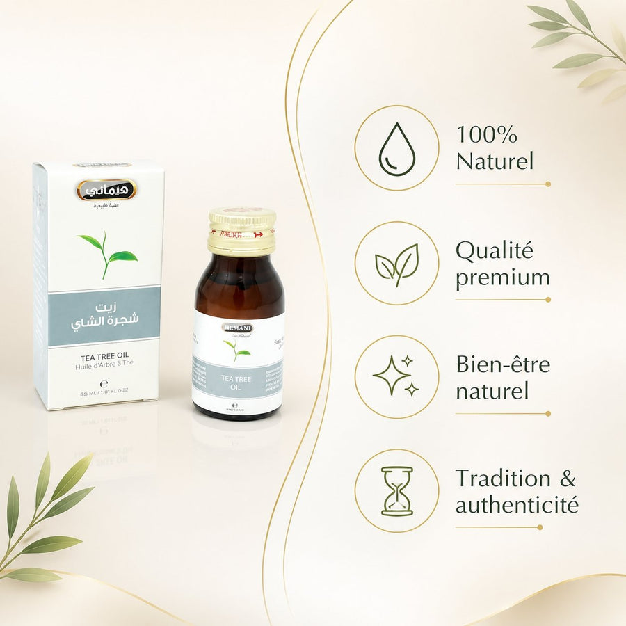 3 Huile d'Arbre à Thé 30mL 100% Naturelle Hemani – infographie des bienfaits et des ingrédients clés