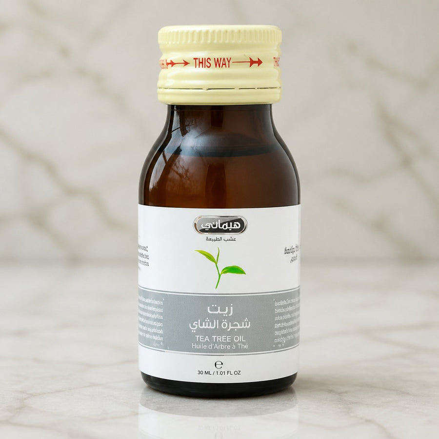 3 Huile d'Arbre à Thé 30mL 100% Naturelle Hemani – gros plan sur les détails et la finition du packaging