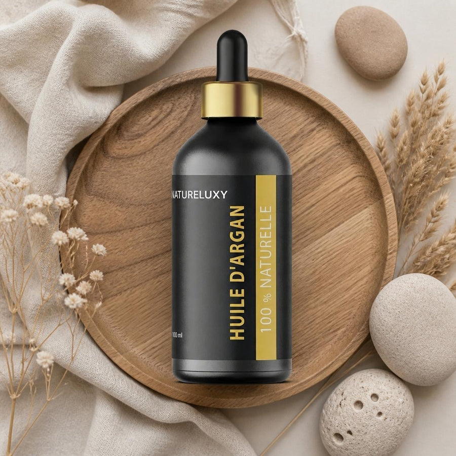 3 Huile d'Argan 100mL Pipette 100% naturelle – composition flat lay avec éléments naturels, vue du dessus