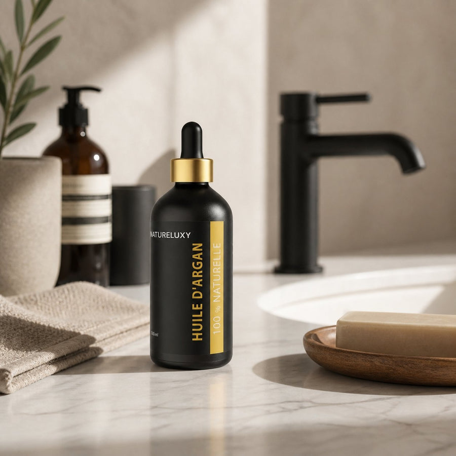 3 Huile d'Argan 100mL Pipette 100% naturelle – présentation du produit dans une salle de bain lumineuse et naturelle