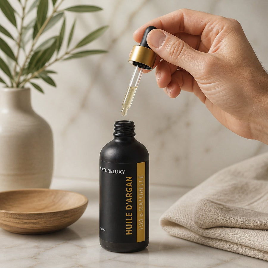 3 Huile d'Argan 100mL Pipette 100% naturelle – application en situation réelle, geste de soin quotidien