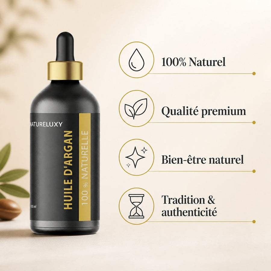 3 Huile d'Argan 100mL Pipette 100% naturelle – infographie des bienfaits et des ingrédients clés