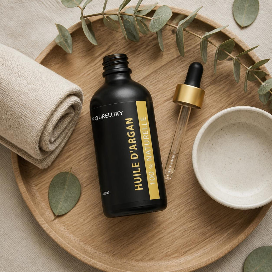 3 Huile d'Argan 100mL Pipette 100% naturelle – rituel d'utilisation vu du dessus, ambiance naturelle zen