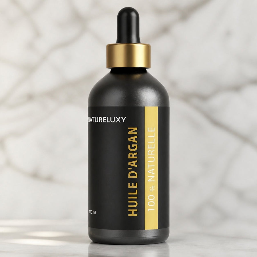 3 Huile d'Argan 100mL Pipette 100% naturelle – gros plan sur les détails et la finition du packaging