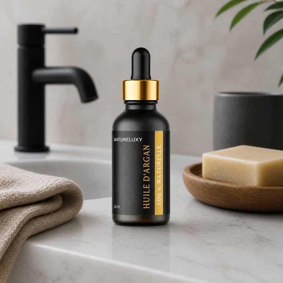 3 Huile d'Argan 30mL Pipette 100% naturelle – présentation du produit dans une salle de bain lumineuse et naturelle