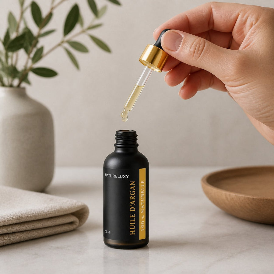 3 Huile d'Argan 30mL Pipette 100% naturelle – application en situation réelle, geste de soin quotidien