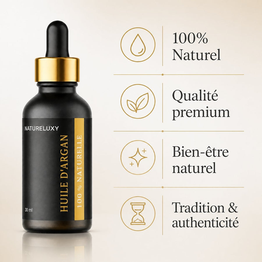 3 Huile d'Argan 30mL Pipette 100% naturelle – infographie des bienfaits et des ingrédients clés