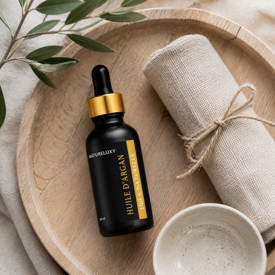 3 Huile d'Argan 30mL Pipette 100% naturelle – rituel d'utilisation vu du dessus, ambiance naturelle zen