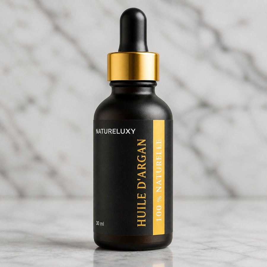 3 Huile d'Argan 30mL Pipette 100% naturelle – gros plan sur les détails et la finition du packaging